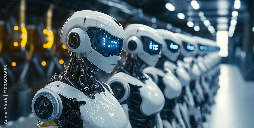 Poster in a smart city, a robot factory develops mind control devices to enhance human-robot interaction, h