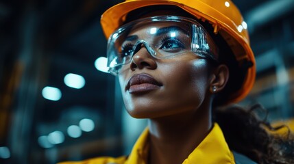 A focused female engineer wearing safety goggles and a hard hat stands in an industrial environment, embodying confidence and professionalism in her field.