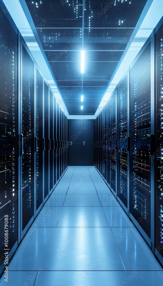 Poster Modern Data Center With Rows of Server Racks, Big Data, Cloud Computing, Information Technology