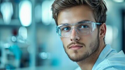 Obraz premium Electronics engineer testing a prototype device, wearing safety glasses, modern lab environment with advanced testing equipment