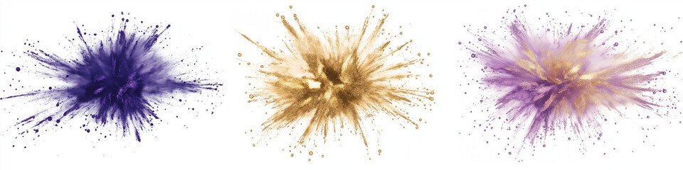 Naklejka premium Abstract isolated white background, explosion splashes of colored powder dust, texture, design, banner. AI generation.