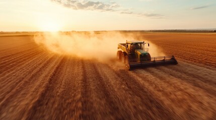 Fototapeta premium A large green harvester works in a sprawling wheat field during sunset, depicting the timeless beauty and productivity of agriculture in a serene setting.