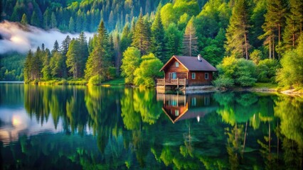 Fototapeta premium Serene Watercolor Cabin Surrounded by Lush Nature and Tranquil Reflections in a Still Lake Scene