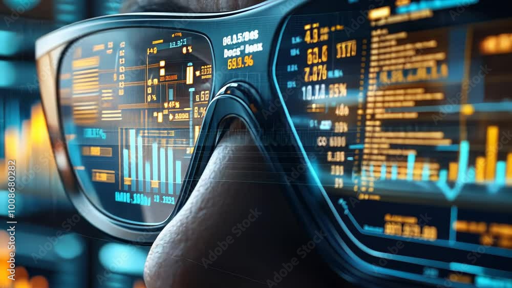 Poster a person examines detailed data projections through advanced augmented reality glasses in a high-tec