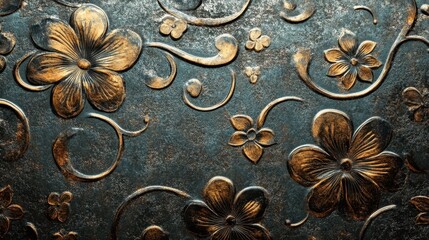 Elegant Floral Embossed Metal Texture with Golden Accents