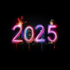 Colorful 2025 signage with fireworks lighting the cityscape backdrop, this image reflects festivity, excitement, and hope for the future.