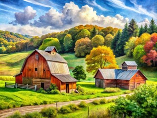 Obraz premium Serene Watercolor Depiction of Old Barns Surrounded by Lush Fields and Tranquil Nature Scenes