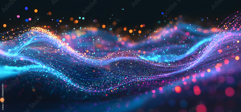 Aufkleber Big Data concept. Blockchain 3D illustration. Information Waves and the Global Database. Neural networks and artificial intelligence. Abstract technological background