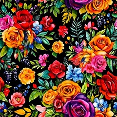 Fototapeta premium Watercolor Floral Pattern Colorful Roses and Flowers on Black Background