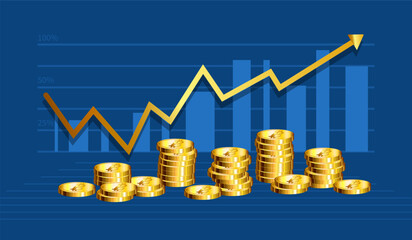 Profit growth with stages to grow coin and rising arrow chart. Concept of business success, economic or market growth, investment income, capital gains, benefit. Simple flat vector style
