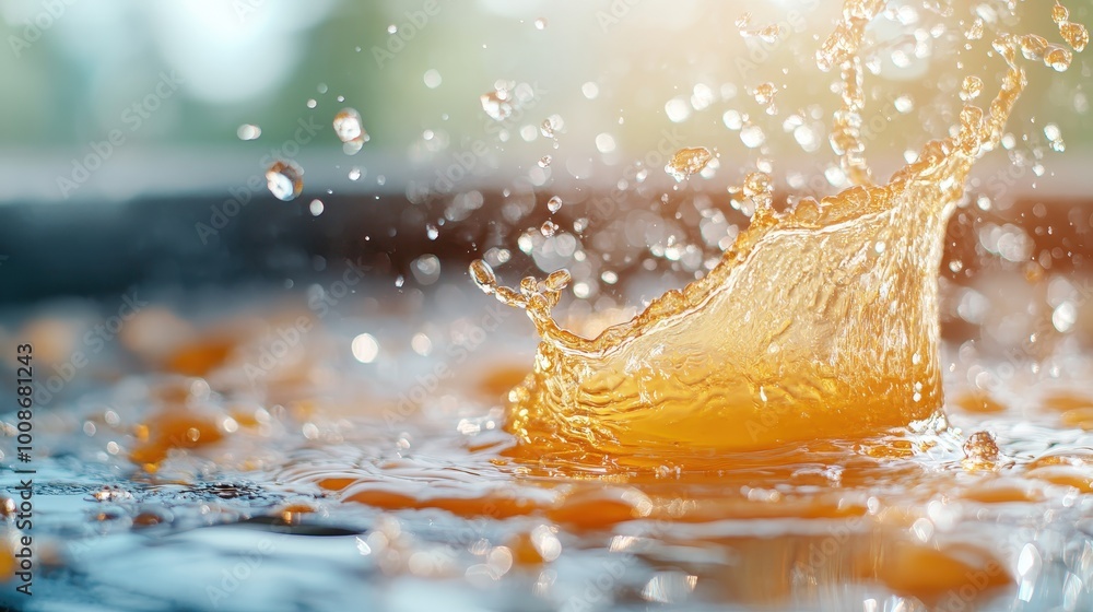 Poster a striking image capturing the dynamic and energetic motion of a golden liquid splash with sparkling
