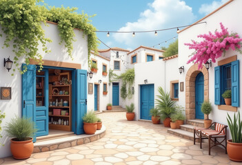 Calle de pueblo mediterráneo con casas blancas, puertas azules, macetas y decoración floral.