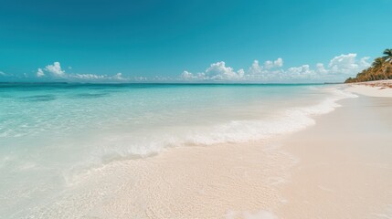 An idyllic beach with gentle waves rolling onto the sandy shore under a vibrant blue sky, showcasing tranquil beauty and offering a sense of relaxation and escape.