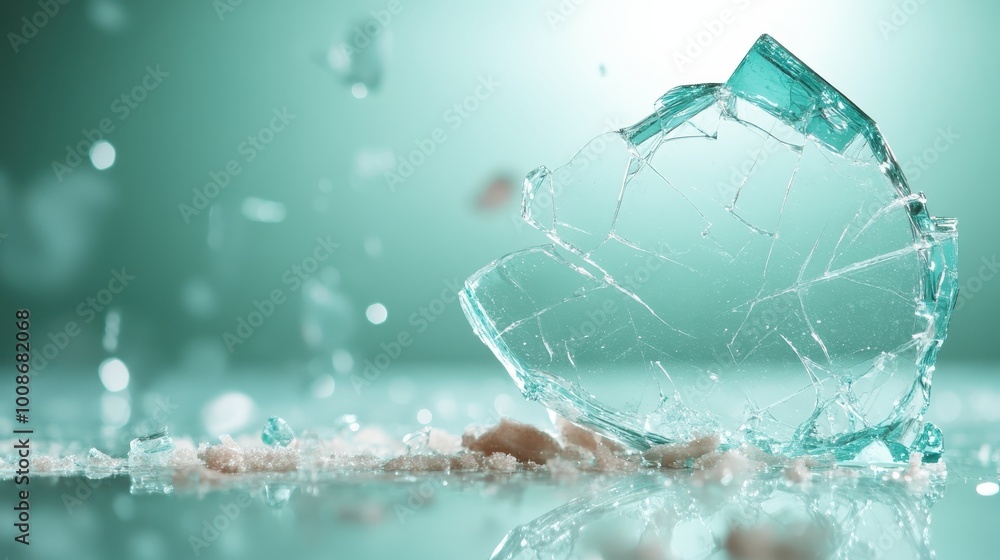 Poster a piece of transparent glass shatters dramatically against a soft, blurred background, creating a vi