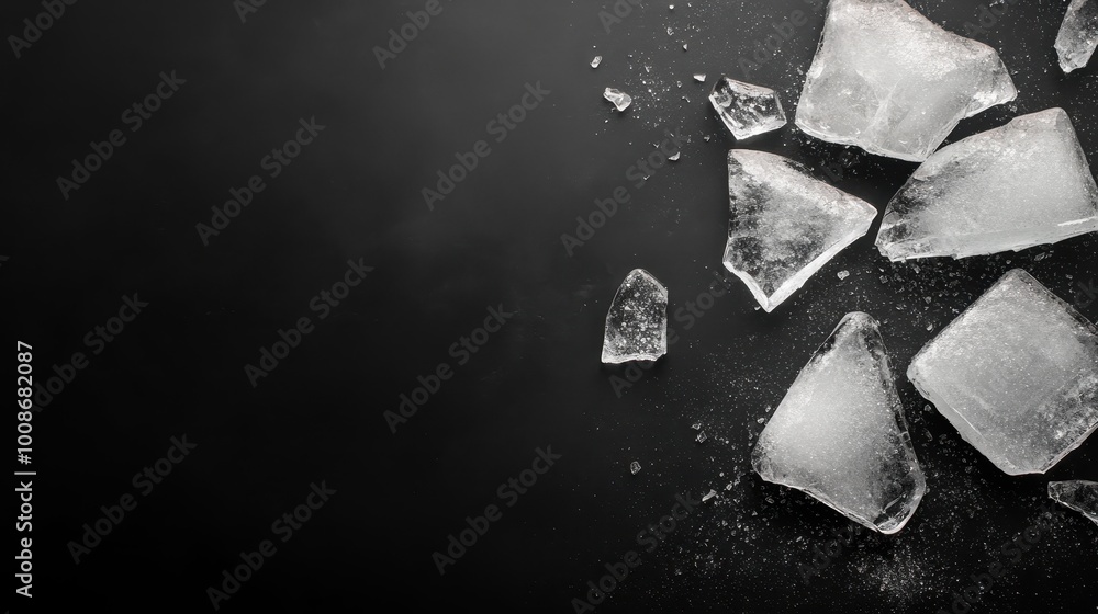 Poster pieces of broken ice cubes are scattered randomly on a dark surface, capturing the crystalline textu