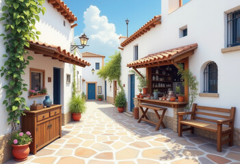 Calle de pueblo mediterráneo con casas blancas, cerámicas en exhibición y vegetación decorativa.