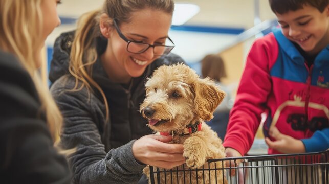 A woman interacts joyfully with a dog, showcasing a warm moment in a pet adoption event with smiling children nearby.