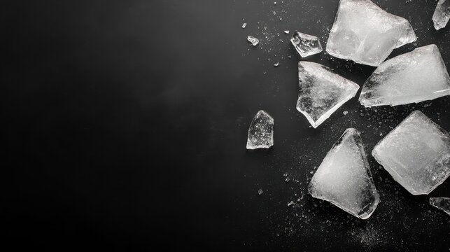 Fototapeta Pieces of broken ice cubes are scattered randomly on a dark surface, capturing the crystalline texture and coldness, with a stark contrast creating a modern minimalist look.