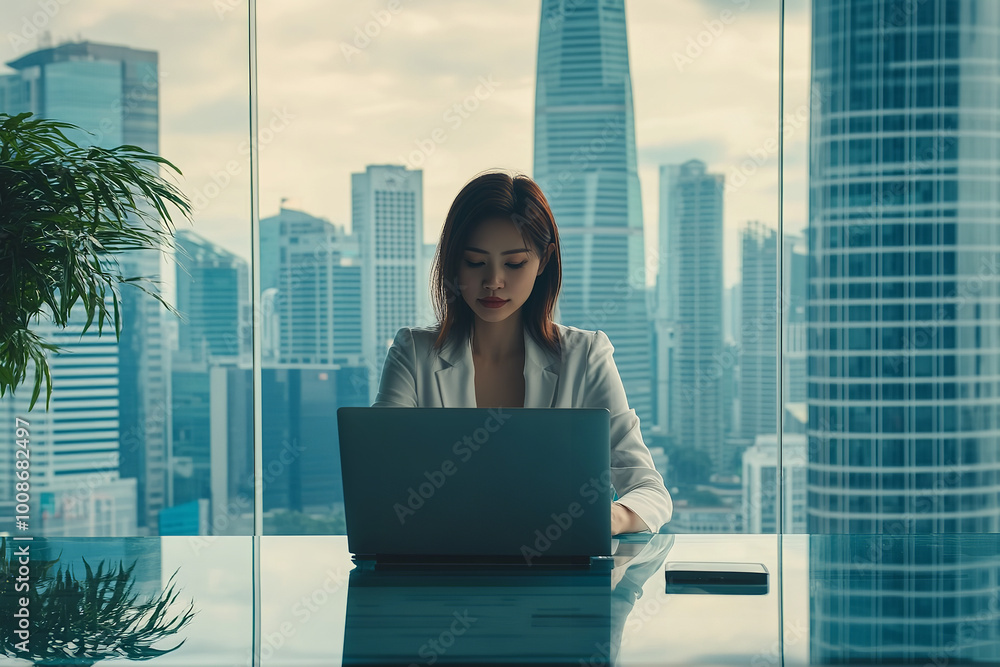 Poster Confident Businesswoman in Modern Office Overlooking City  