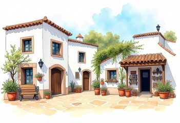 Plaza soleada de un pueblo mediterráneo con casas blancas, macetas y banco de madera.
