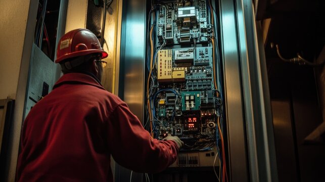 Electrician Working on Elevator Control Panel