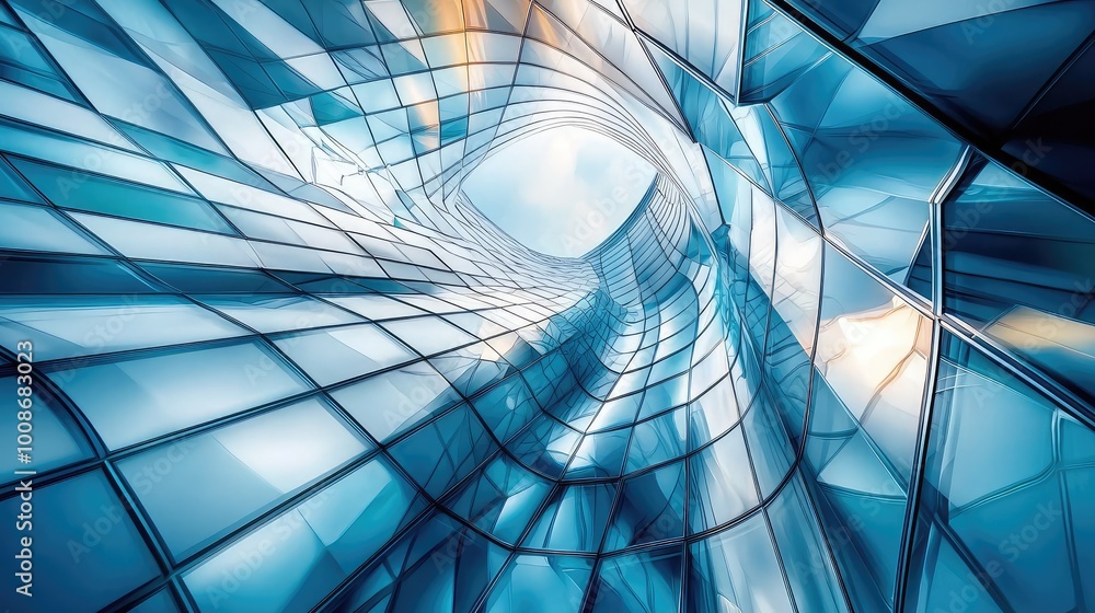 Poster abstract architectural design featuring twisting glass structures in shades of blue, creating a mesm