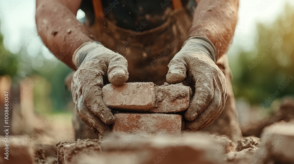 Poster this image features a construction worker meticulously aligning bricks, showcasing the skill and att