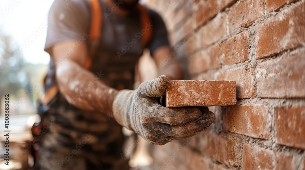 Poster the image captures a construction worker putting a brick into a meticulously crafted wall, emphasizi