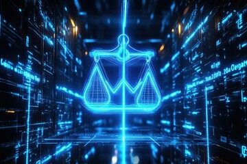 Obraz premium A digital representation of justice, showcasing glowing scales symbolizing balance in a futuristic tech environment.