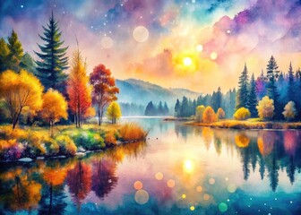 Serene Watercolor Landscape with Soft Hues of Nature, Ideal for Tranquil Home Decor and Design