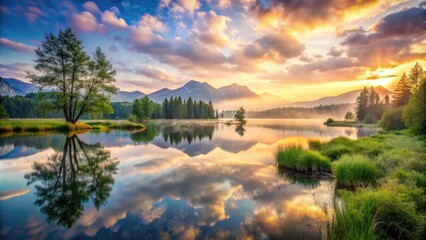 Fototapeta premium Serene Watercolor Landscape with Soft Pastel Colors Depicting Natureâ€™s Tranquility and Beauty