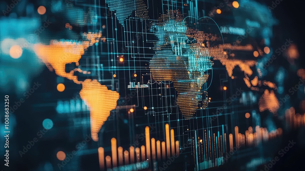 Poster abstract digital map with vibrant colors showcasing global connections and data analytics visualizat