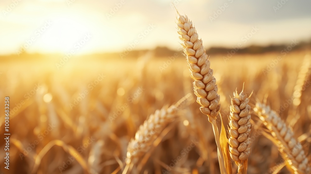 Poster a close-up view of ripe wheat stalks illuminated by the warm glow of the setting sun, capturing the 