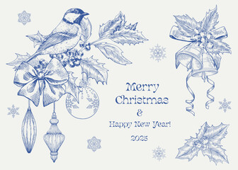 Toile art Merry Christmas and Happy new year background with tit bird on the holly twig, bells, bow, toys, snowflakes. Blue beige Hand drawn Vector illustration for design greeting card, holiday decor
