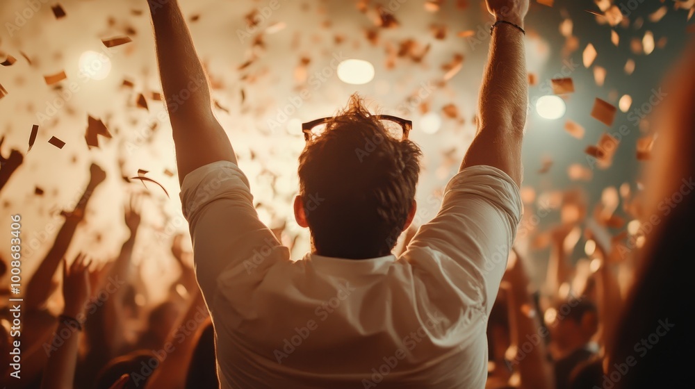 Aufkleber an exciting image snapshot capturing an ecstatic crowd as confetti rains down on them at the height 