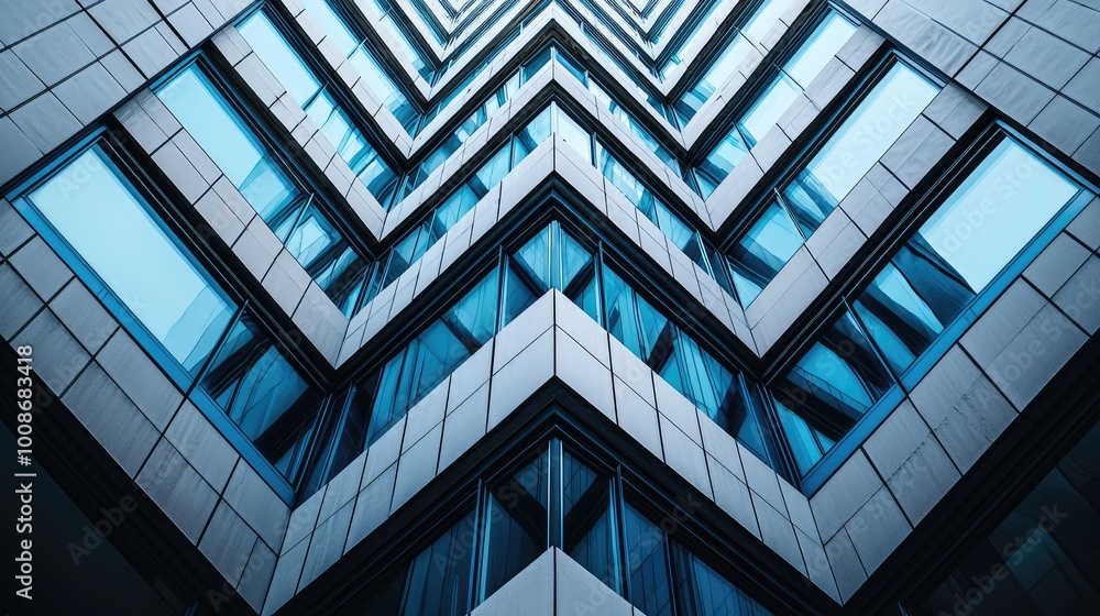 Poster abstract view of a modern building facade showcasing geometric patterns and reflections, perfect for