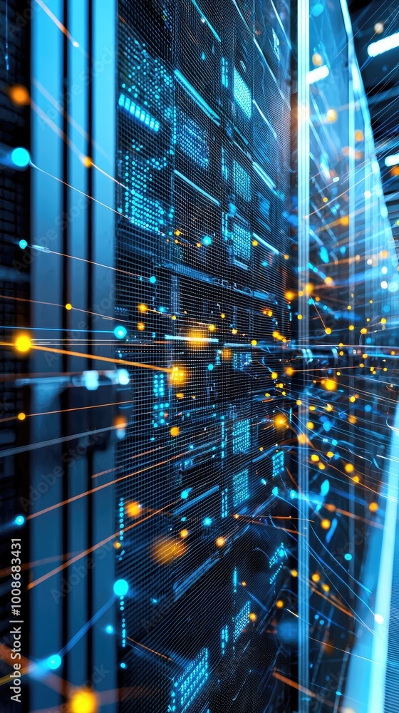 Poster abstract technology background featuring glowing data lines and modern server racks, representing di