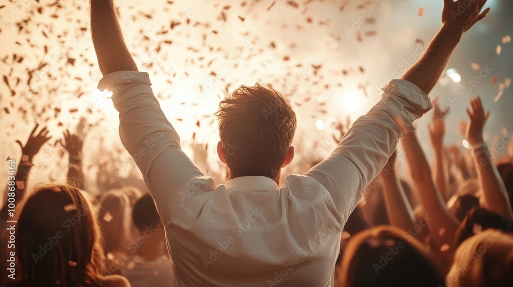 Aufkleber a vibrant scene capturing a joyous celebration with a crowd raising their arms enthusiastically as c