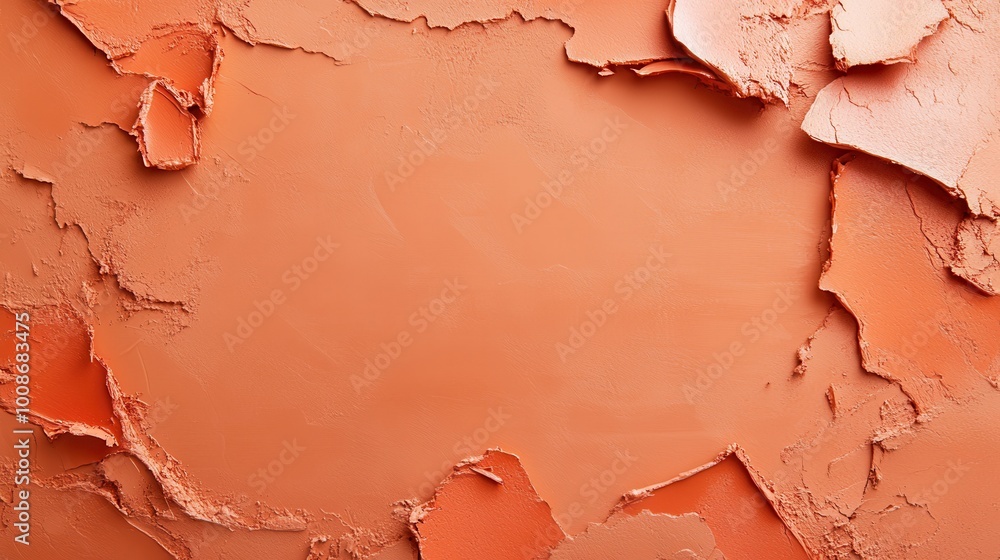 Poster photograph displaying a close-up of peeling orange paint on a bumpy, rough surface, creating an intr