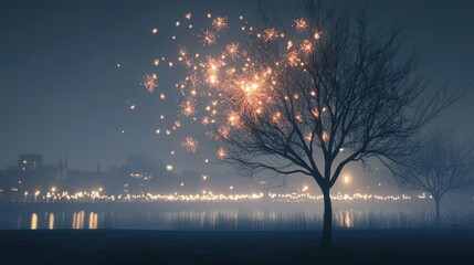 Magical Fireworks Display Over Serene Lakeside Landscape