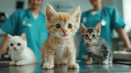 Adorable kittens at a veterinary clinic, showcasing their charm and playful spirit with caring professionals in the background.