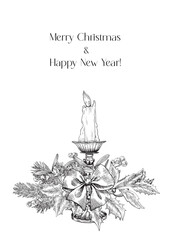 Vintage Christmas composition with candlestick with candle, bow, fir branch, holly, mistletoe. Black and white. Hand drawn Vector illustration for design holiday, greeting card
