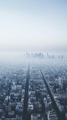 Aerial view of a city under a foggy sky, showcasing urban architecture and skyline in a serene, tranquil atmosphere.