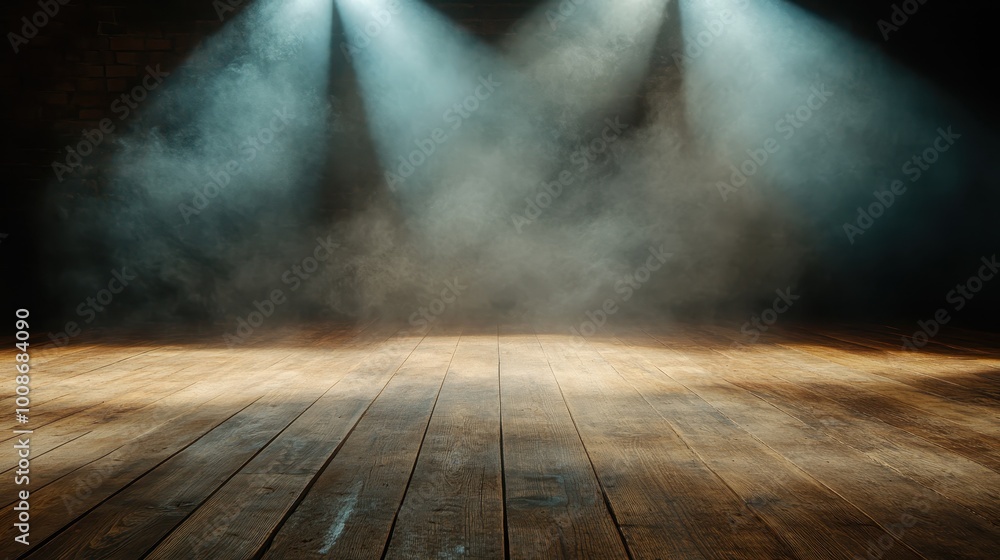 Poster a wooden stage with dramatic lighting from spotlights shines from above, creating a moody atmosphere