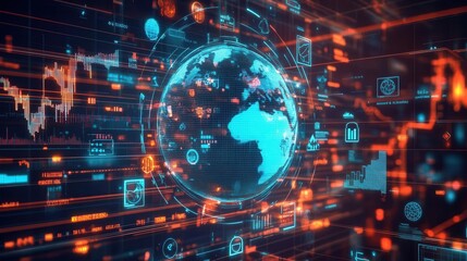 Fototapeta premium Digital world with data visualization. Futuristic global network featuring graphs, icons, and vibrant colors showcasing technology.