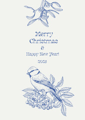 A tit bird on the rowan twig mistletoe Merry Christmas and happy new year. Toile art vintage illustration blue beige Hand drawn Vector background for design greeting card, holiday decor, poster, cover