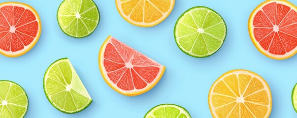 Sliced citrus fruits--lemon, lime, and grapefruit--scattered on a light pastel blue background, in a simple vector style.