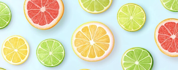 Fototapeta premium Sliced citrus fruits--lemon, lime, and grapefruit--scattered on a light pastel blue background, in a simple vector style.
