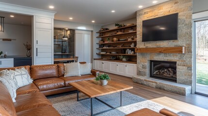 A cozy living room with a mix of mid-century modern and rustic furniture