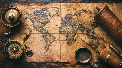 An antique world map with navigational tools, evoking a sense of adventure and exploration through history.